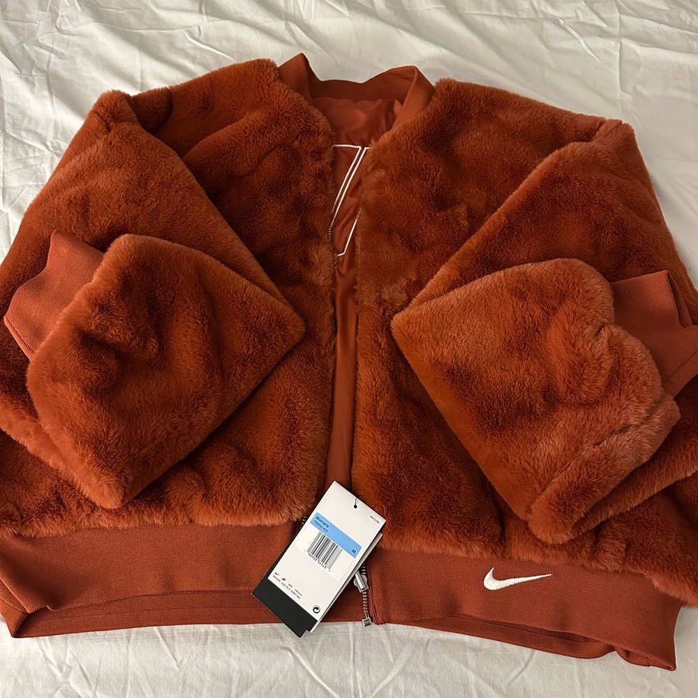 Nike Red Teddy Jacket with Plush Material and Bomber Style